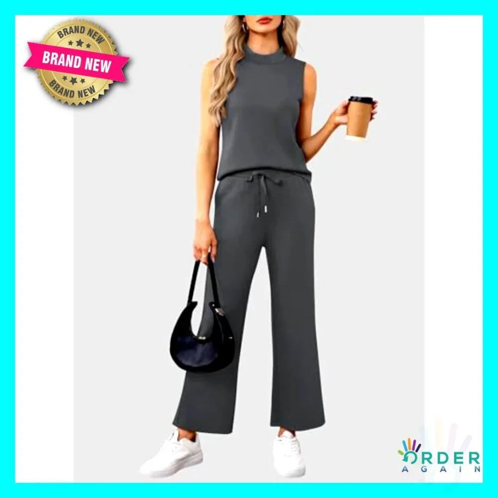 Mock Neck Tank Top Cropped Wide Leg Pants Lounge Set Athleisure Two Piece Outfit
